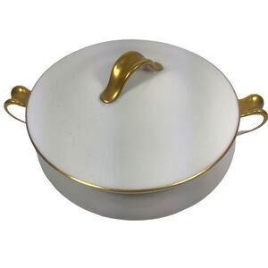 Vintage White Haviland Ceramic Vegetable Pot Gold Handles Covered France 1920's